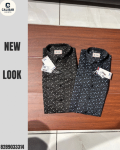The shirt on the right is dark blue with a light blue floral pattern.