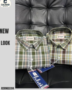 Two neatly folded check-pattern shirts in green and brown tones placed on a black leather surface, showcasing a trendy and comfortable look.