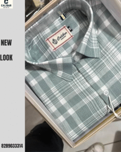 Light green and white checked Calibar shirt in a premium packaging box.